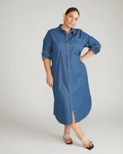 Odeon Stretch Cotton Chambray Shirtdress Orion Blue