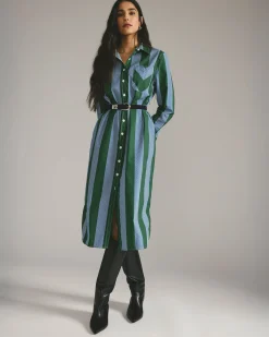 Odeon Stretch Poplin Shirtdress Green/Blue Directional Stripe