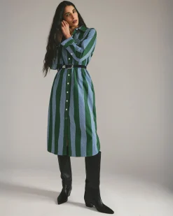 Odeon Stretch Poplin Shirtdress Green/Blue Directional Stripe