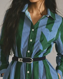 Odeon Stretch Poplin Shirtdress Green/Blue Directional Stripe