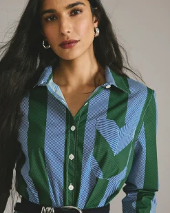 Odeon Stretch Poplin Shirtdress Green/Blue Directional Stripe