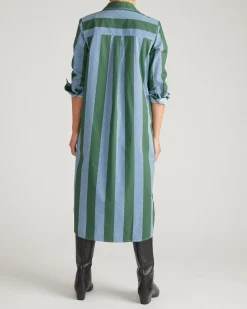 Odeon Stretch Poplin Shirtdress Green/Blue Directional Stripe