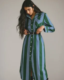 Odeon Stretch Poplin Shirtdress Green/Blue Directional Stripe