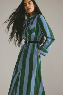 Odeon Stretch Poplin Shirtdress Green/Blue Directional Stripe