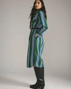 Odeon Stretch Poplin Shirtdress Green/Blue Directional Stripe