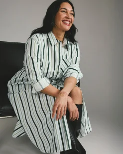 Odeon Stretch Poplin Shirtdress Forest Green Multi Stripe