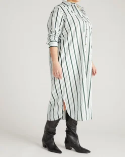 Odeon Stretch Poplin Shirtdress Forest Green Multi Stripe