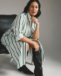 Odeon Stretch Poplin Shirtdress Forest Green Multi Stripe