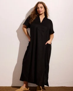 Padma Polo Neck Linen Blend Dress Black