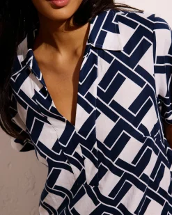 Padma Polo Neck Linen Blend Dress Geometrica Print