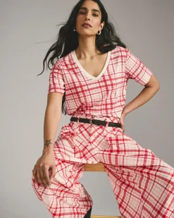 Palais Cooling Cupro Wide Leg Pant Red Plaid Print