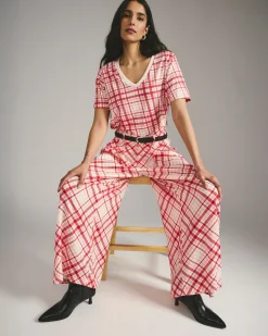 Palais Cooling Cupro Wide Leg Pant Red Plaid Print