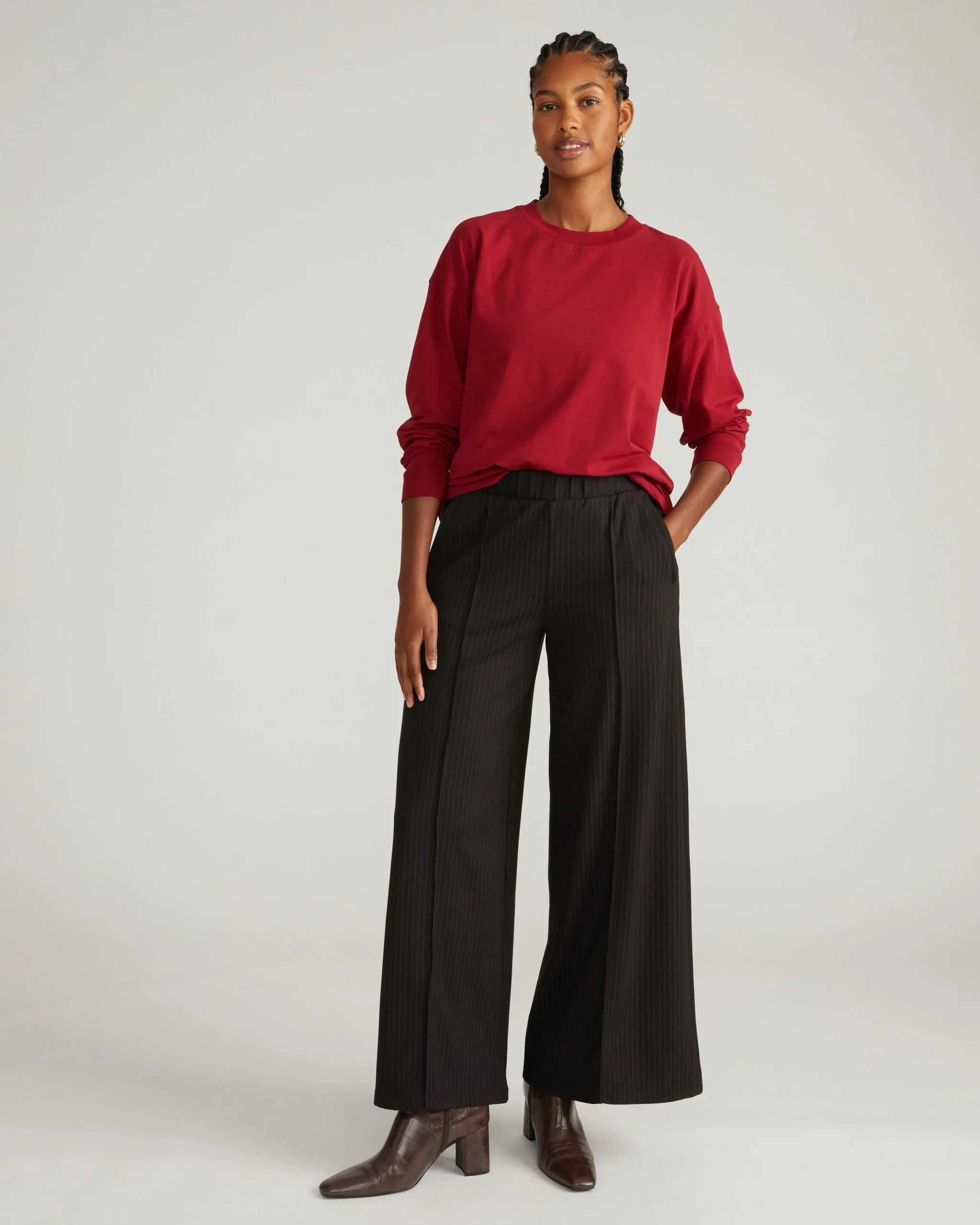 Pam Pintuck Wide Leg Ponte Pants Slate Pinstripe