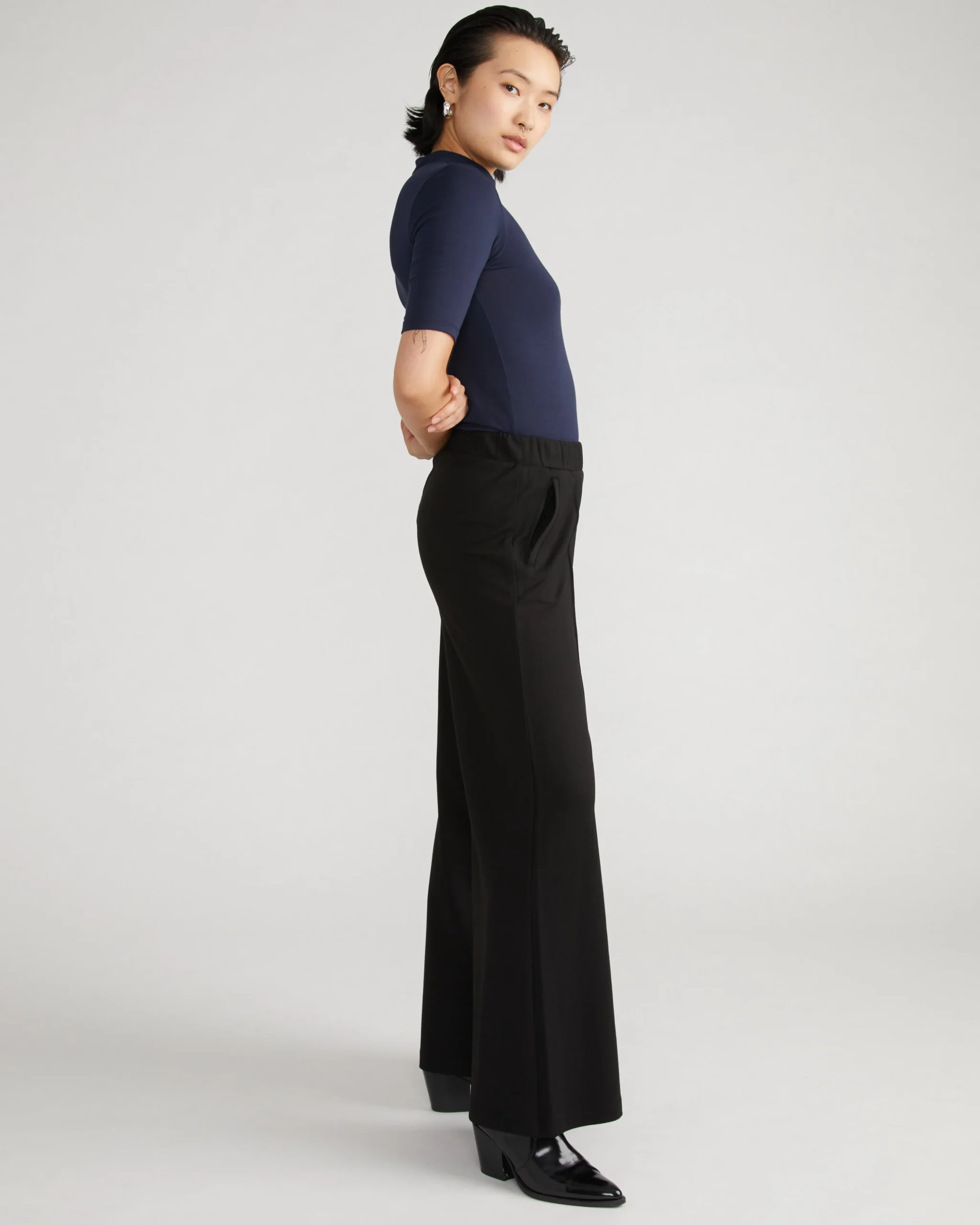 Pam Pintuck Wide Leg Ponte Pants Black