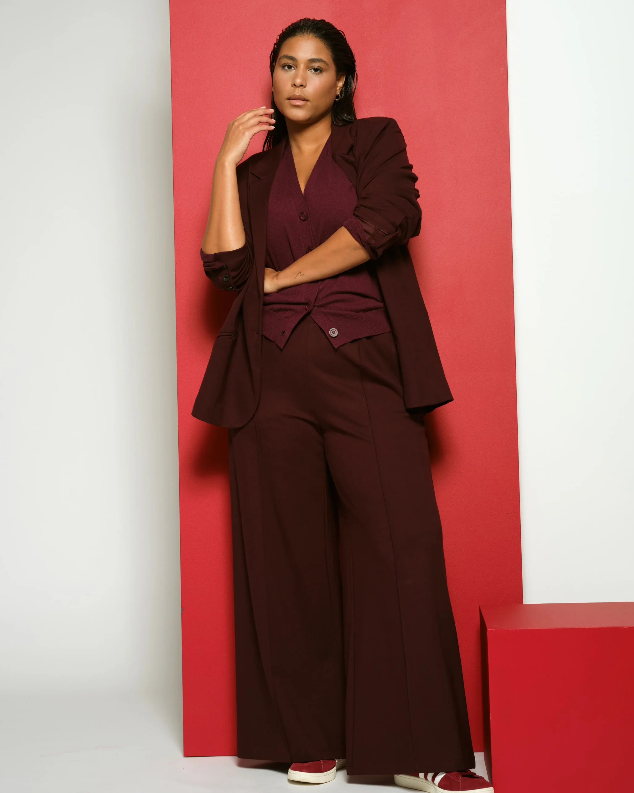 Pam Pintuck Wide Leg Ponte Pants Black Cherry