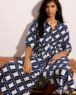 Paros Drawstring Linen Blend Shirtdress Geometrica Print