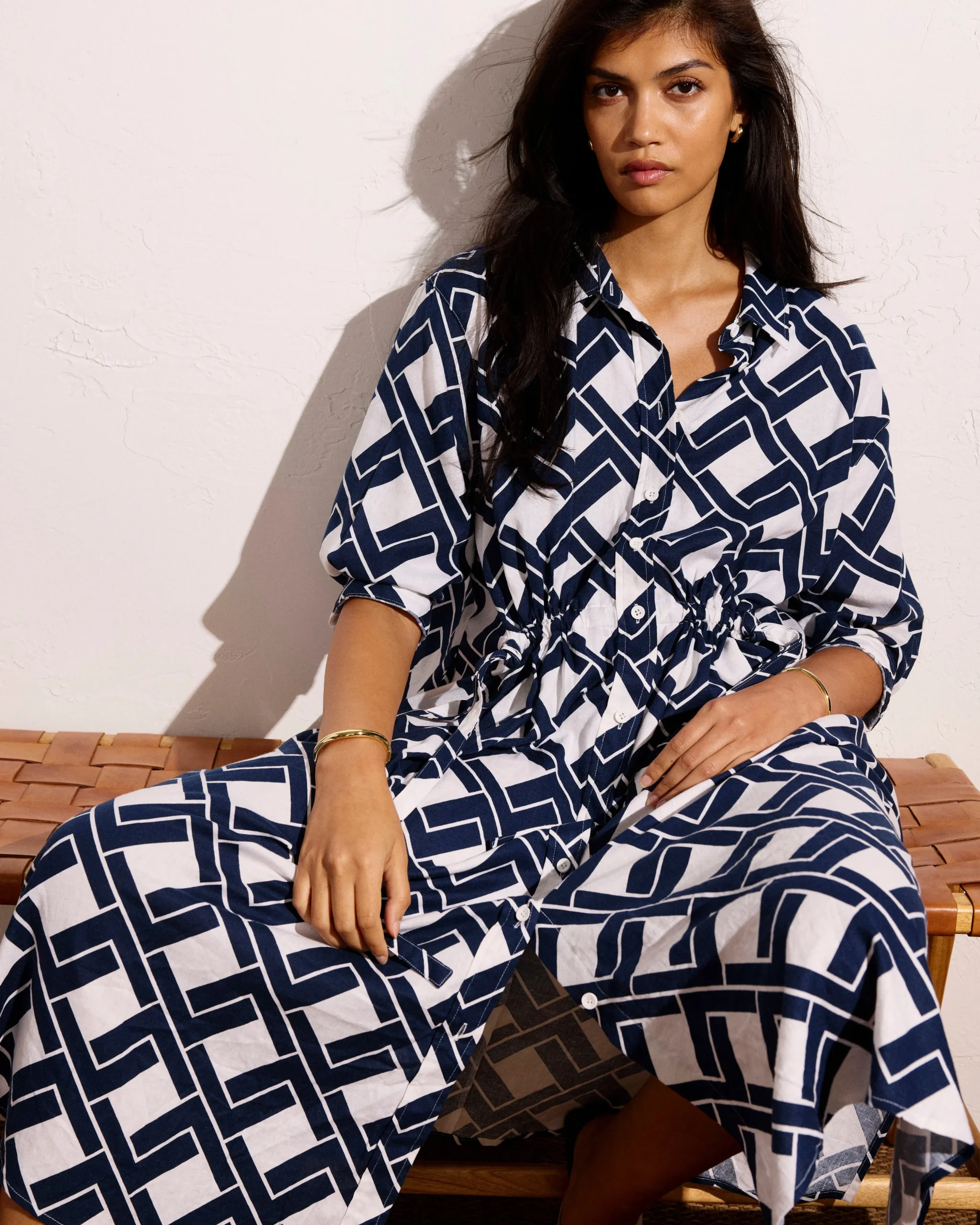 Paros Drawstring Linen Blend Shirtdress Geometrica Print