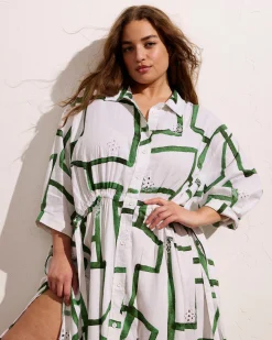 Paros Drawstring Linen Blend Shirtdress Green Paint Print