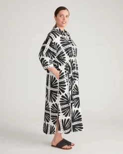 Paros Drawstring Linen Blend Shirtdress Ink Bloom Print