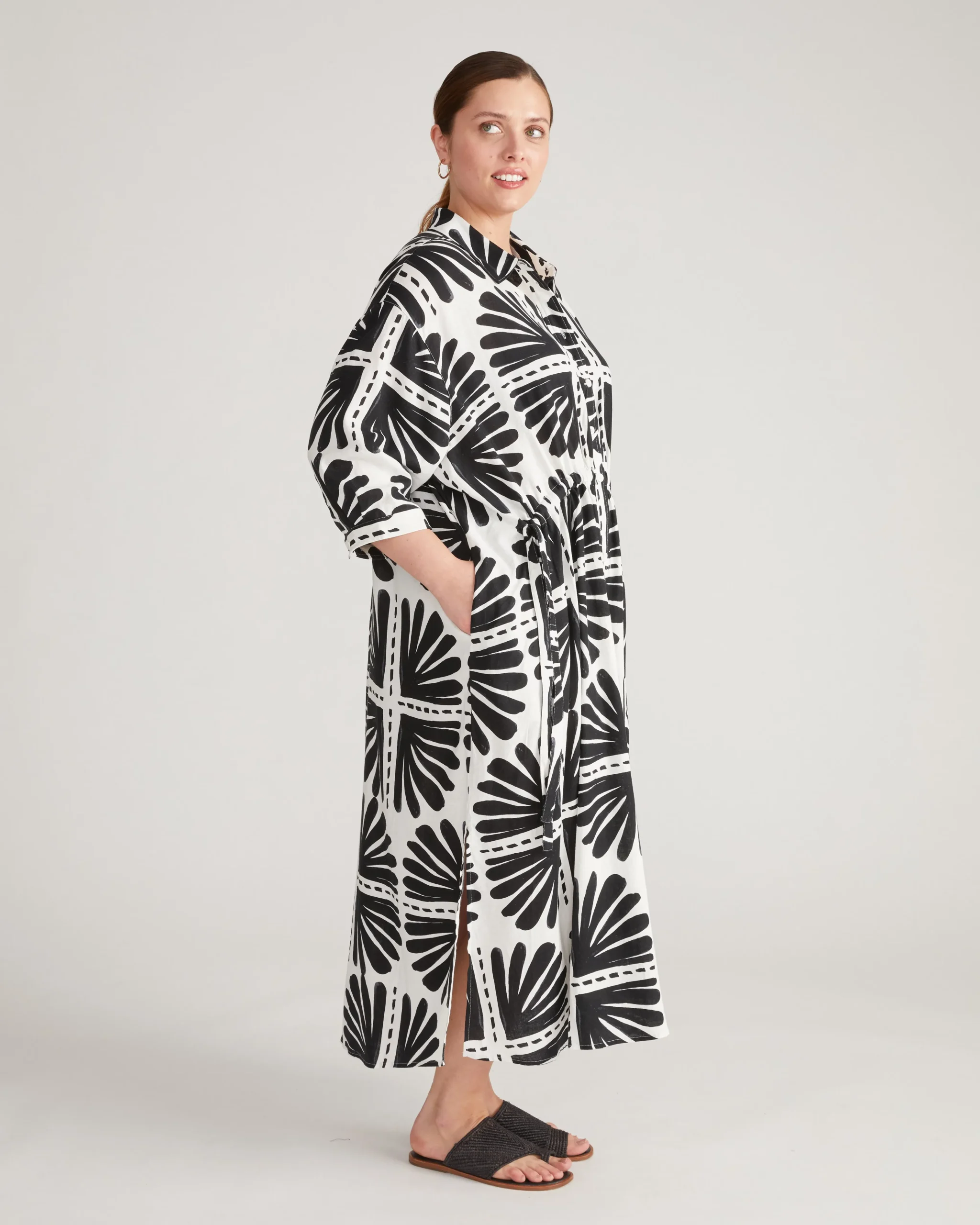 Paros Drawstring Linen Blend Shirtdress Ink Bloom Print