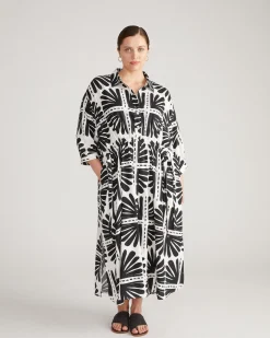 Paros Drawstring Linen Blend Shirtdress Ink Bloom Print