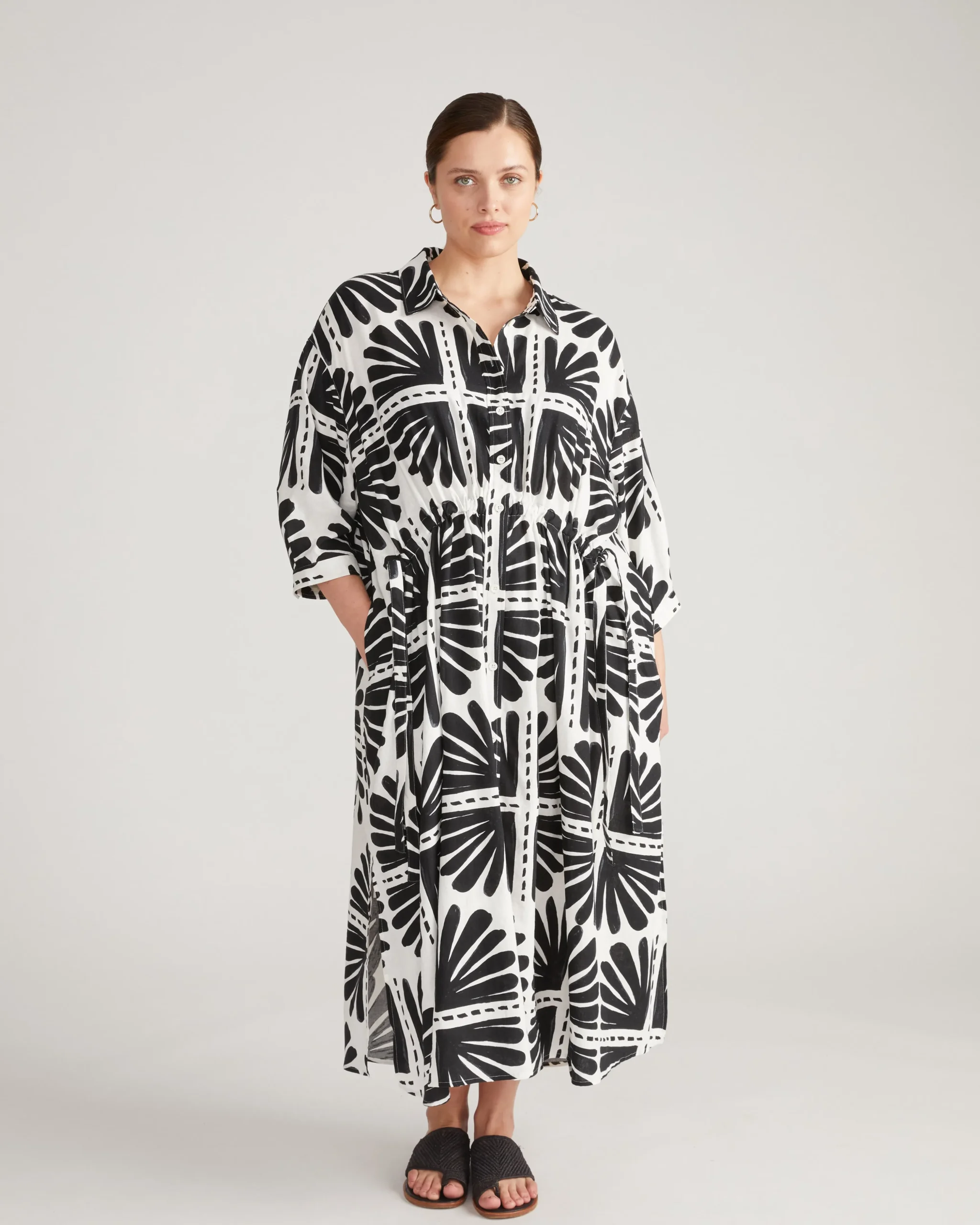 Paros Drawstring Linen Blend Shirtdress Ink Bloom Print