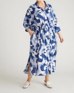 Paros Drawstring Linen Blend Shirtdress Blue Pressed Flower Print