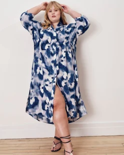 Paros Drawstring Linen Blend Shirtdress Blue Pressed Flower Print