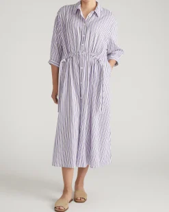Paros Drawstring Linen Blend Shirtdress Lilac Stripe Print