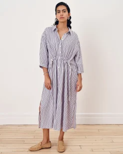 Paros Drawstring Linen Blend Shirtdress Lilac Stripe Print