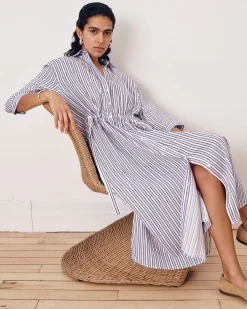 Paros Drawstring Linen Blend Shirtdress Lilac Stripe Print