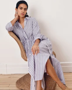 Paros Drawstring Linen Blend Shirtdress Lilac Stripe Print