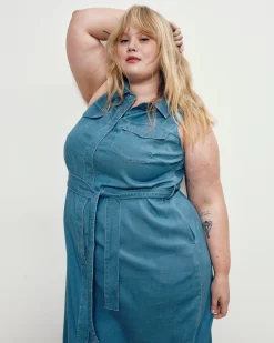 Perfect Tencel Chambray Sleeveless Savannah Shirtdress Cove Blue