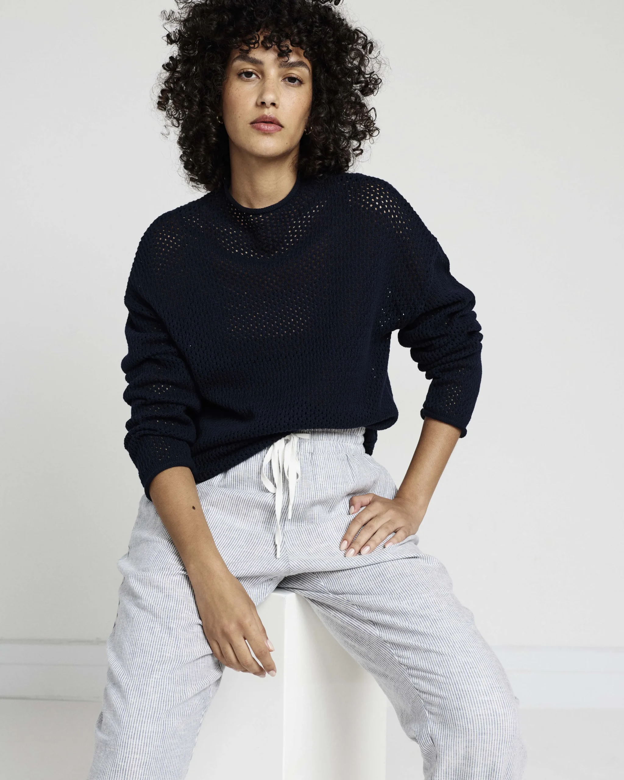 Positano Pointelle Mock Neck Sweater Navy