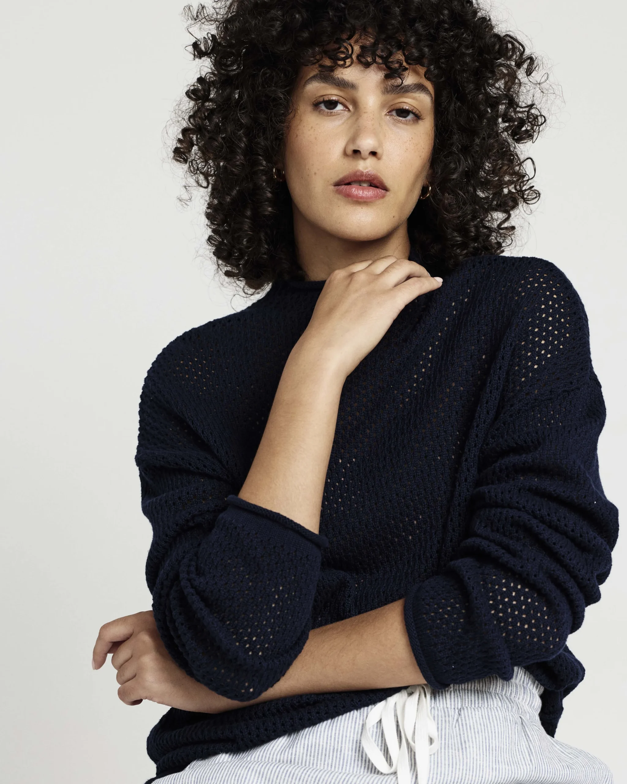 Positano Pointelle Mock Neck Sweater Navy