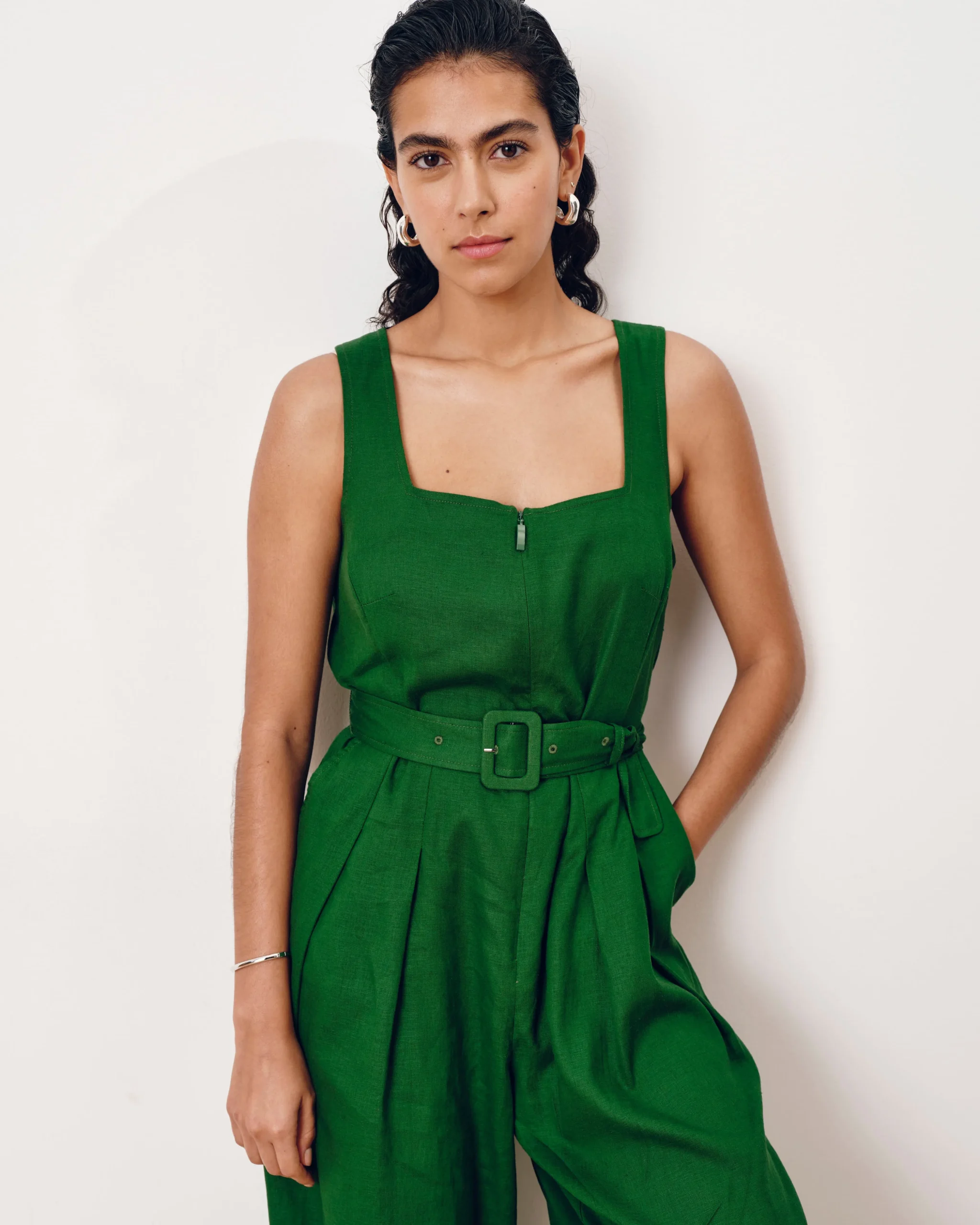Rania Belted Linen Blend Jumpsuit Jardin