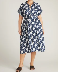 Sandy Stretch Linen Blend Shirtdress Geometrica Print