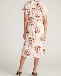 Sandy Stretch Linen Blend Shirtdress Wild Flower Bouquet Print on Stripes