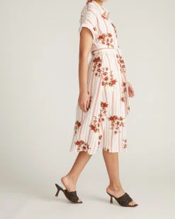 Sandy Stretch Linen Blend Shirtdress Wild Flower Bouquet Print on Stripes