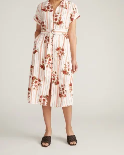 Sandy Stretch Linen Blend Shirtdress Wild Flower Bouquet Print on Stripes