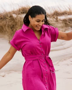 Sandy Stretch Linen Blend Shirtdress Hyper Pink