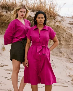 Sandy Stretch Linen Blend Shirtdress Hyper Pink