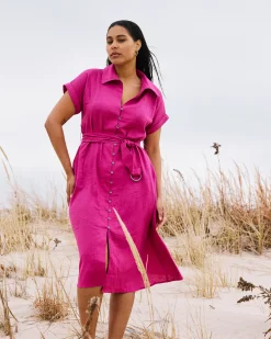 Sandy Stretch Linen Blend Shirtdress Hyper Pink