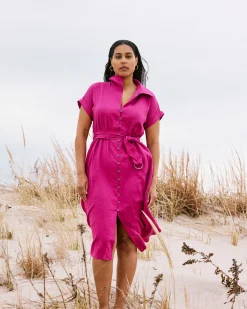 Sandy Stretch Linen Blend Shirtdress Hyper Pink