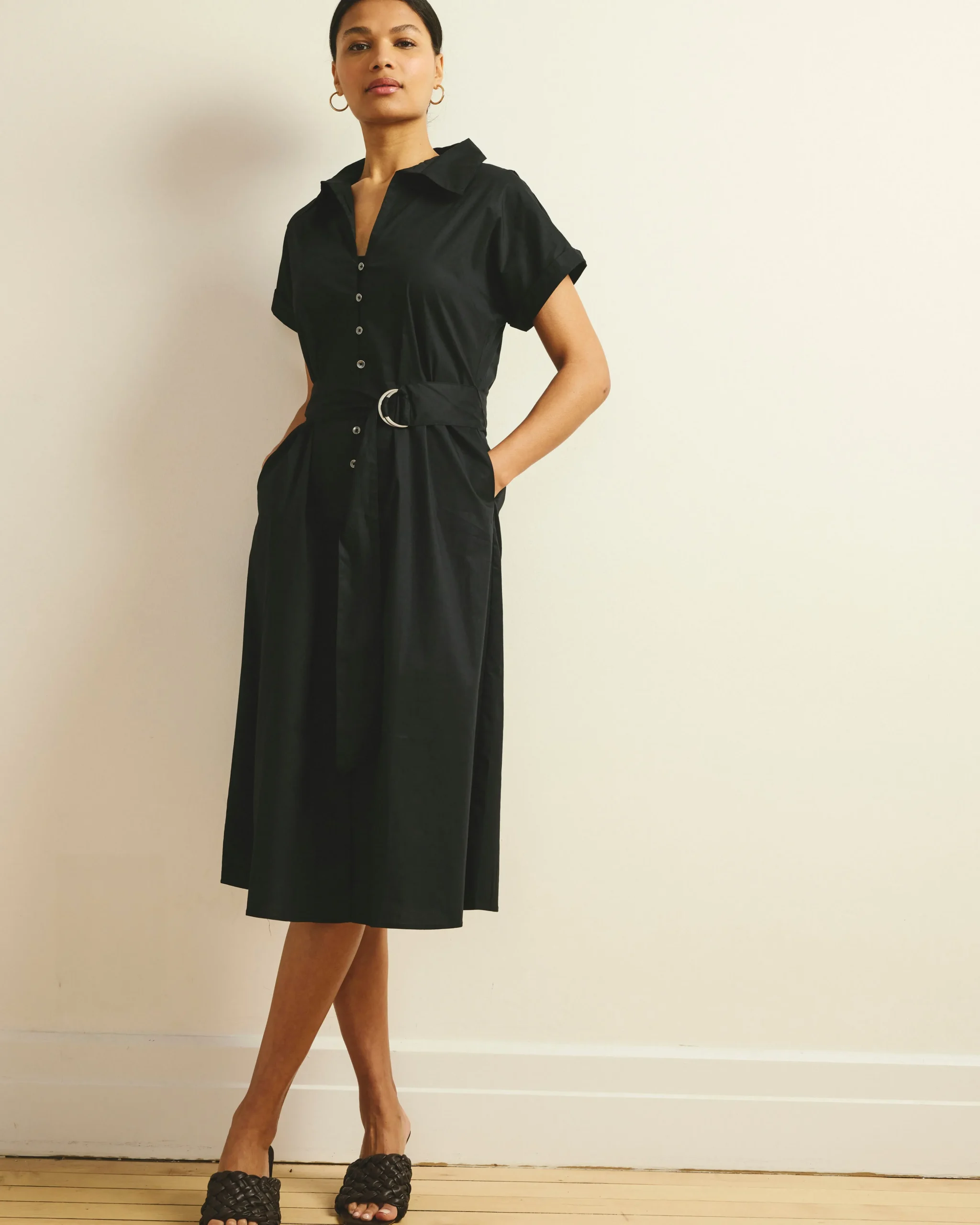 Sandy Stretch Poplin Shirtdress Black