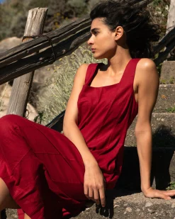 Saulay Square Neck Linen Blend Midi Dress Vibrant Red