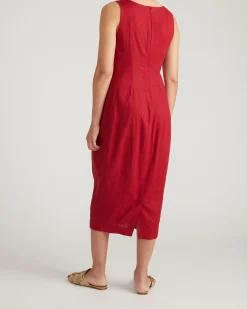 Saulay Square Neck Linen Blend Midi Dress Vibrant Red