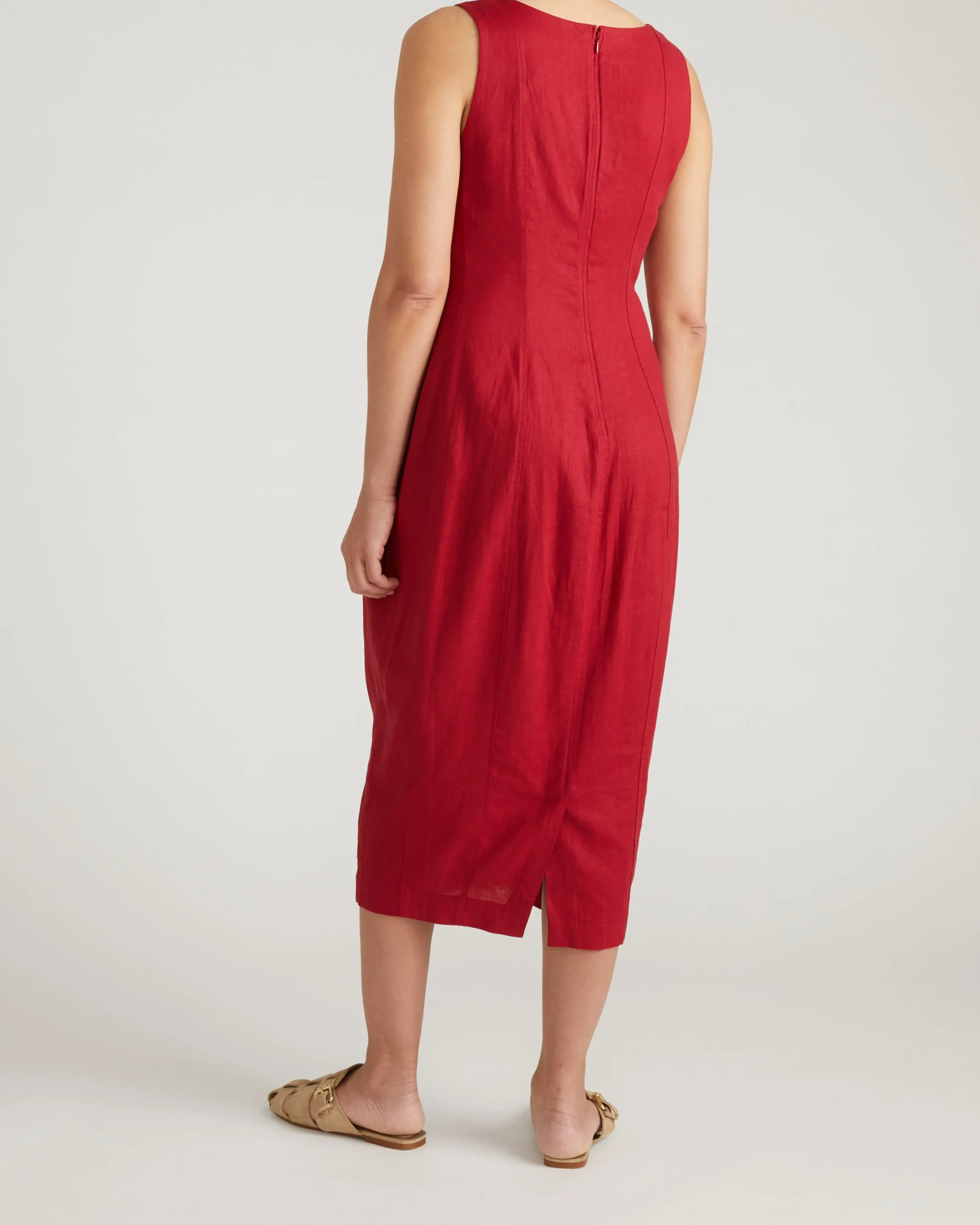 Saulay Square Neck Linen Blend Midi Dress Vibrant Red