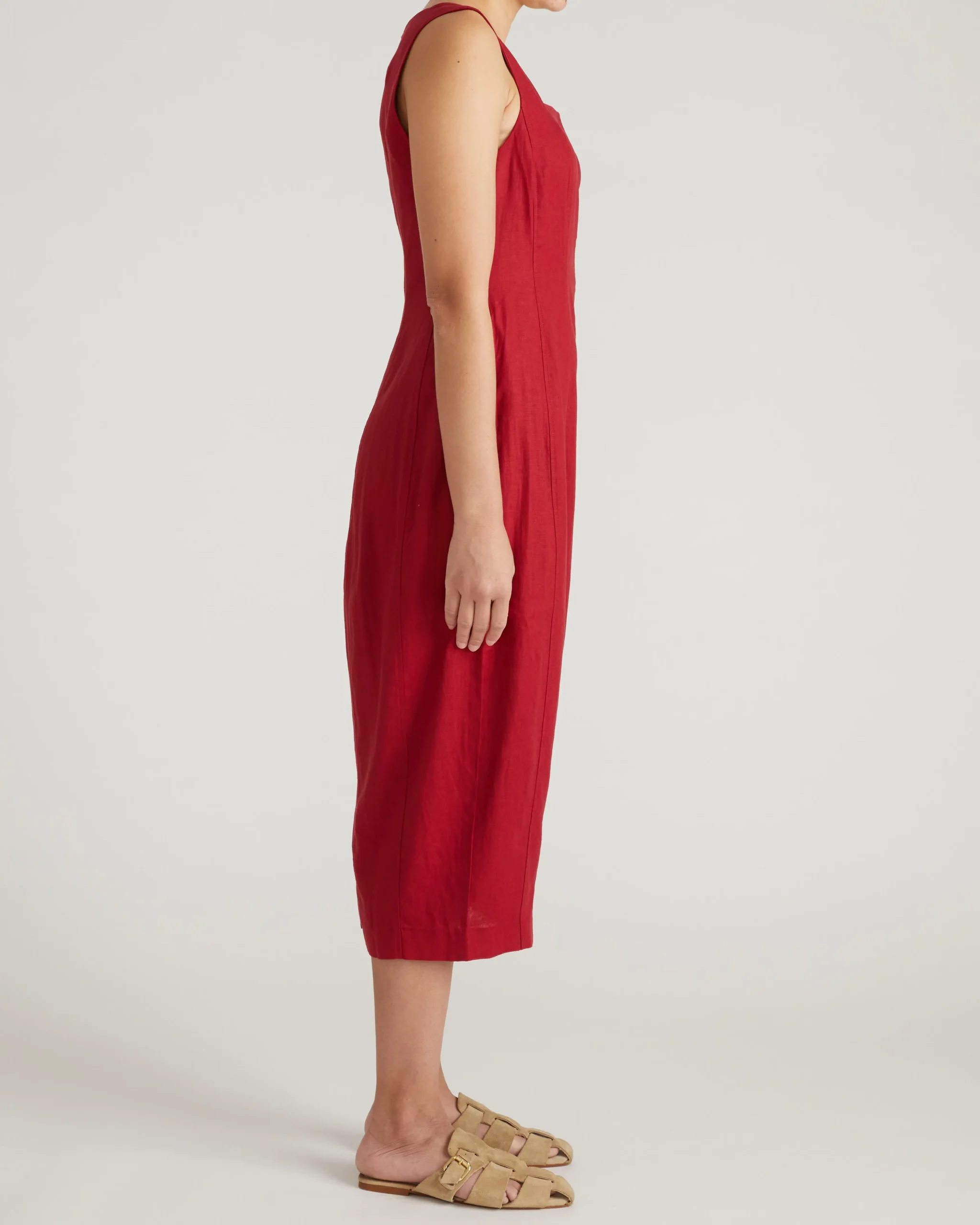 Saulay Square Neck Linen Blend Midi Dress Vibrant Red