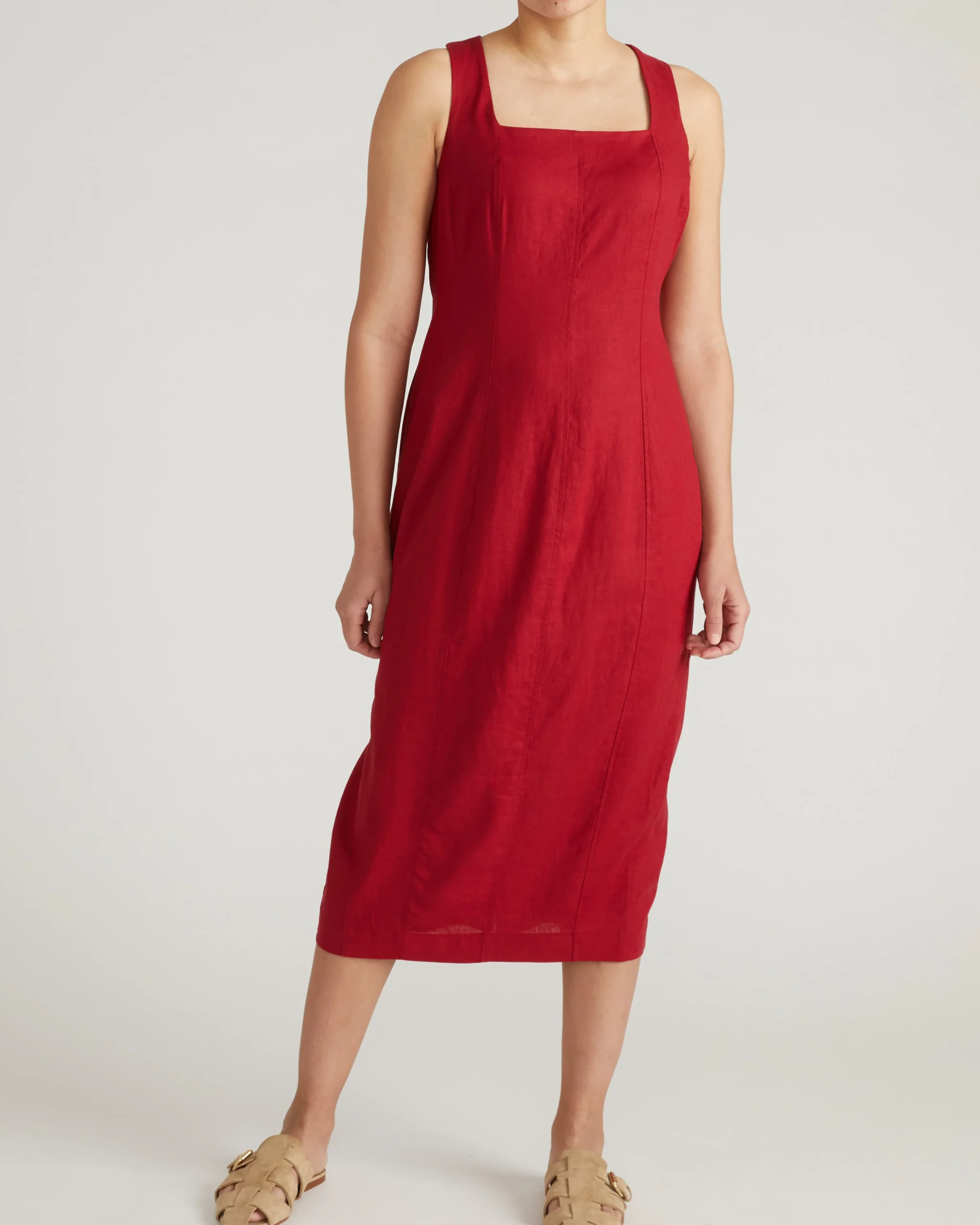 Saulay Square Neck Linen Blend Midi Dress Vibrant Red